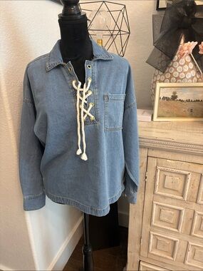 For The Republic Light Blue Lace-Up Denim Pullover for Women